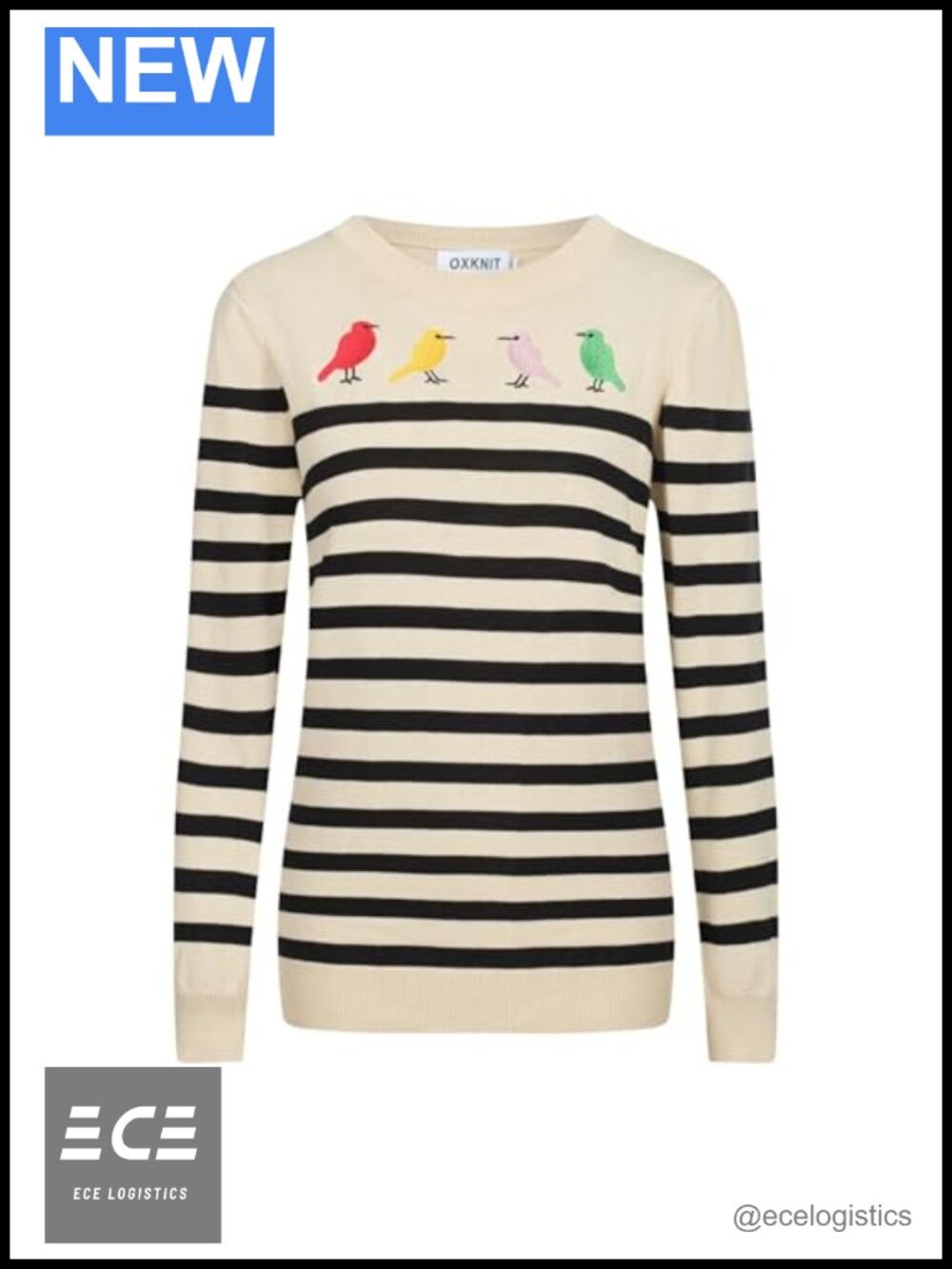 Vintage Knit Long Sleeve Sweater Birds Pattern Crewneck Pullover
